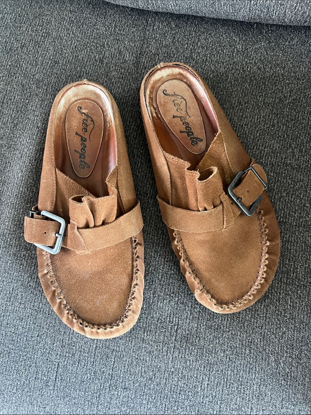 Free People womenโs size 8.5 Brown Suede Buckle Slip-On Moccasins